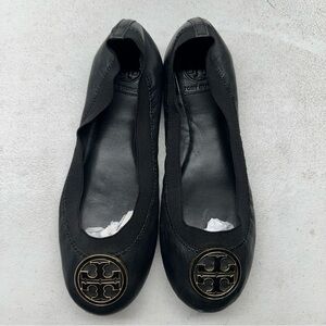 Tory Burch Black Leather Flats with Gold Logo